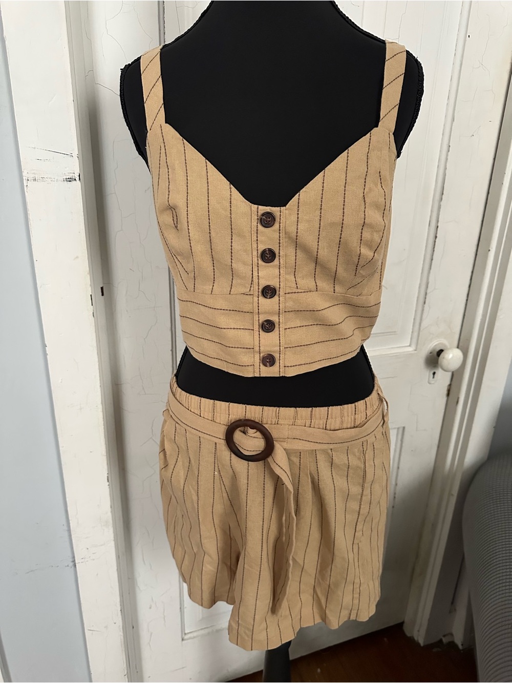 **Shorts Only** - Tan Striped Belted Shorts